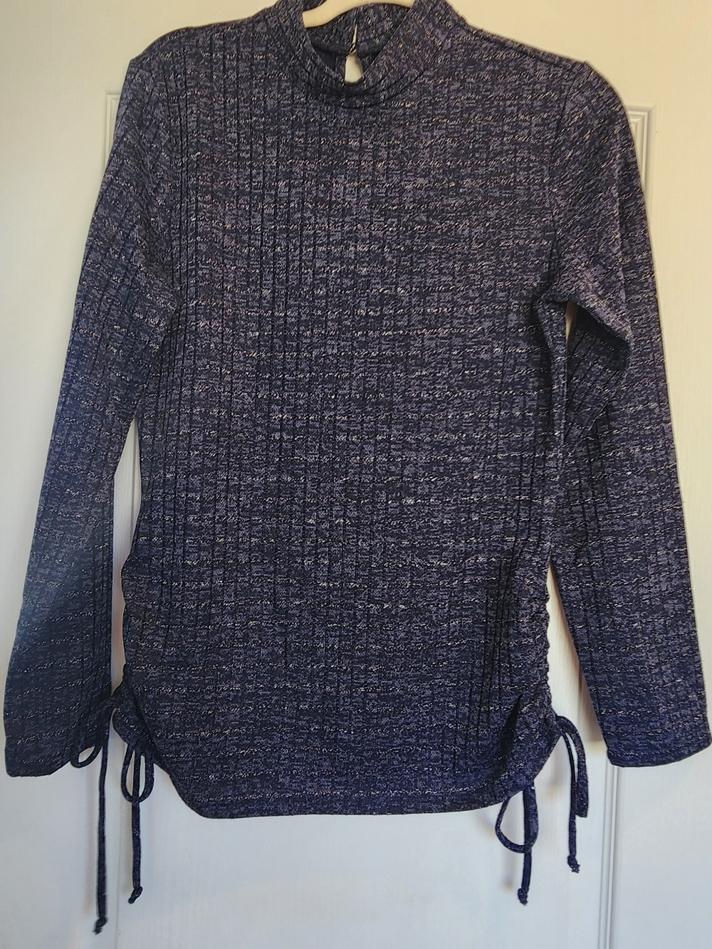 Cato Navy Marled Ribbed Mock Neck Sweater with Side Ties M BNWT